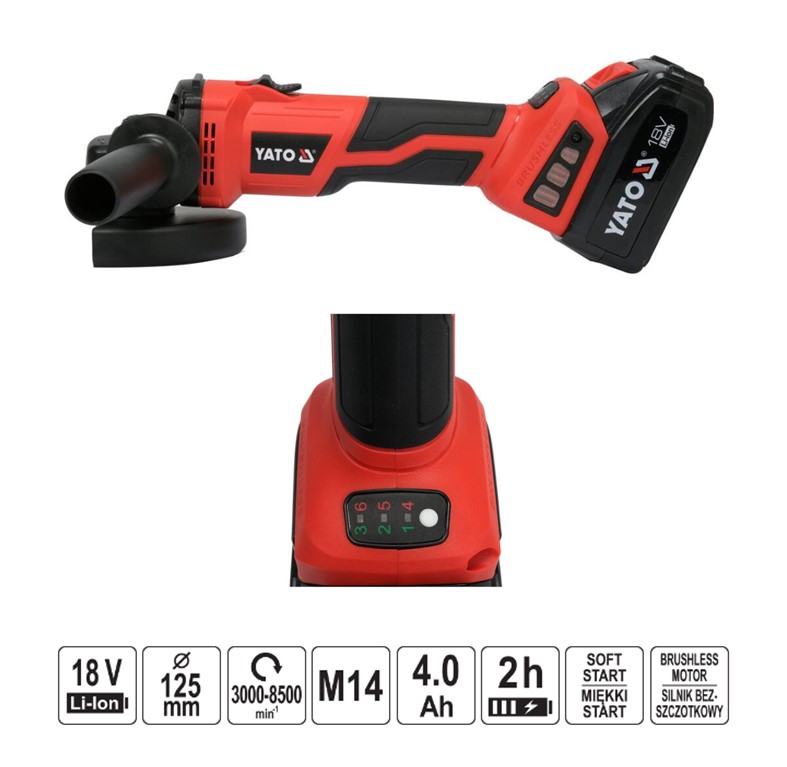 Γωνιακός τροχός μπαταρίας YATO 18V 125mm ρυθμιζόμενος 1×4.0Ah YT-828294 - Image 2