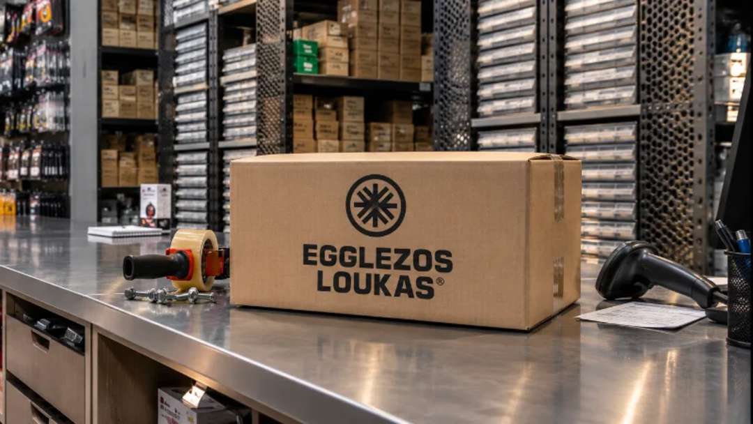 Κούτα με το λογότυπο Egglezos Loukas στον πάγκο του καταστήματος στο Κερατσίνι